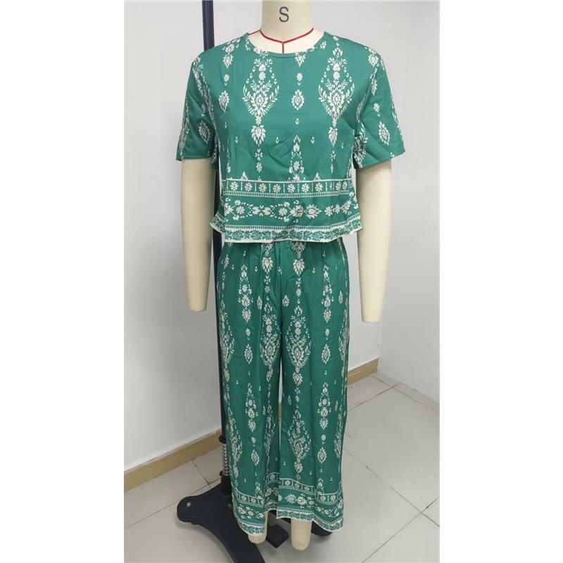 Dames Bohemian Bedrukt Tweedeel Outfit Korte Mouw Crop Top Wijde Capri Broek Vintage Etnisch Casual Loungewear Set