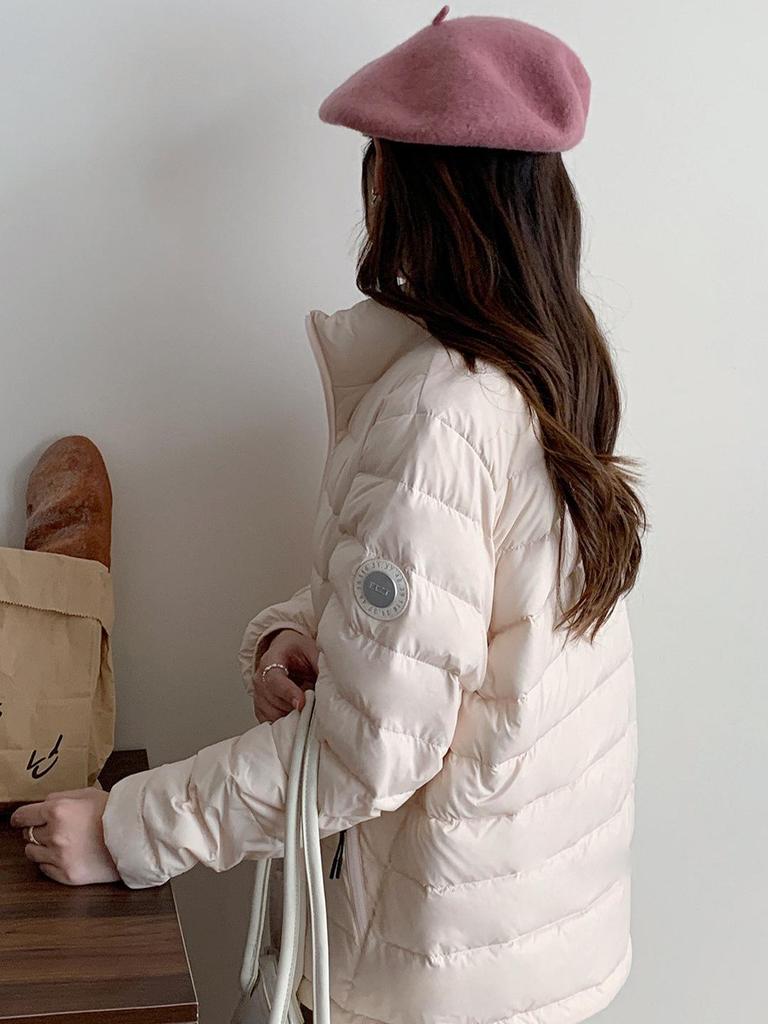 Sweet Style Lightweight White Duck Down Jacket for Women - Winter 2026, Short, Ribbed Sport Inner Lining, Stand Collar.