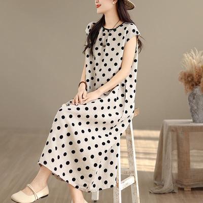 2026 Women's Summer Cotton-Linen Polka Dot Midi Dress, Loose and Stylish Fit