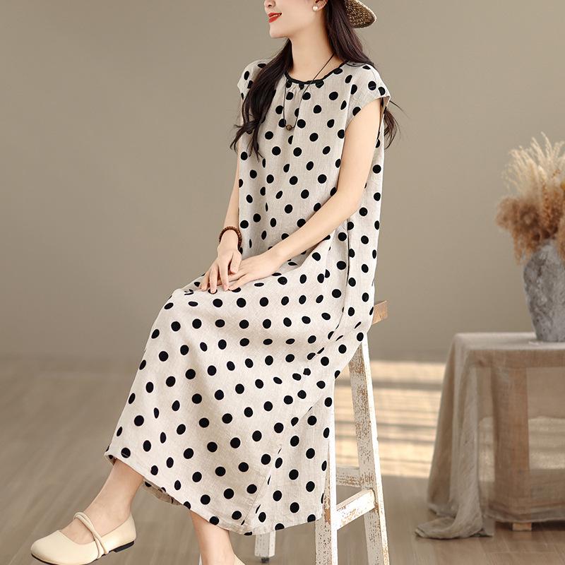 2026 Polka Dot Cotton & Linen Summer Dress: Women's Casual Slim-Fit Mid-Length