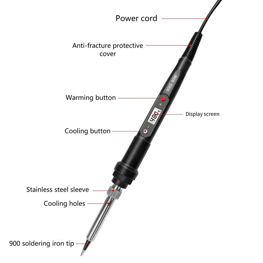 80W Digital Electric Soldering Iron 908S with Adjustable Temperature 180 to 500C LCD Display for Efficient Soldering
