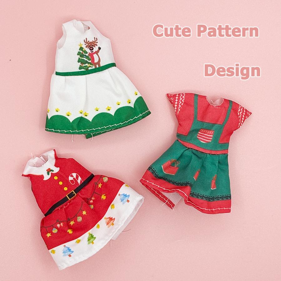 6PCS Fashion Xmas Day Outfic Dresses Designed for 5 In/12cm Dolls Clothes Featuring Cap Doll Accessories Xmas Present Designed for Children Playthings