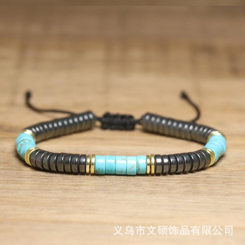 Turquoise Heishi & Hematite Disc Bracelet – Gold Accent Adjustable Boho Jewelry, Protection Calm Gift for Men & Women