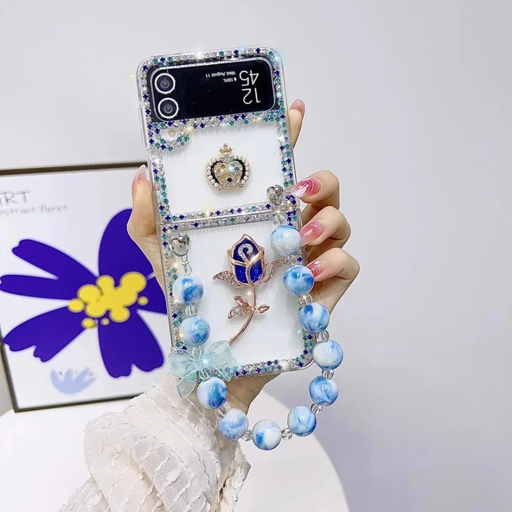 Brățară portabilă cu mărgele laser și husă de telefon cu fundiță cu diamante pentru Samsung Z Flip 5 4 3, husă transparentă de lux cu strasuri colorate