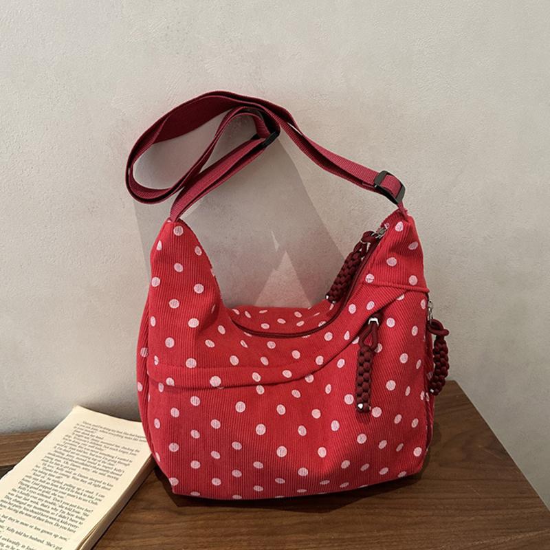 

Polka Dot Hobo Bag For Women Corduroy Material Crossbody Bag With Knotted Detail Casual Korean Style Shoulder Bag Daily Commute