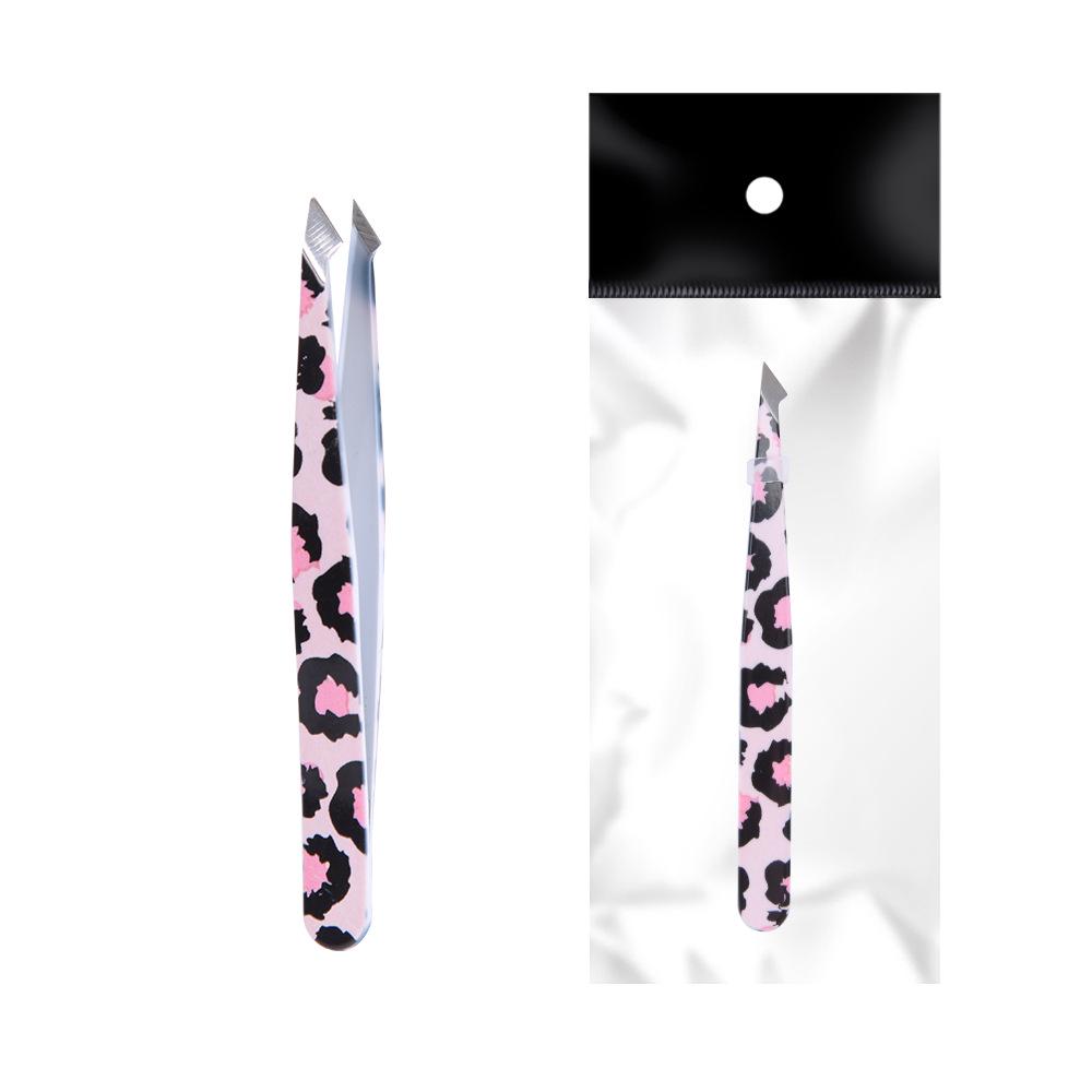 Stainless Steel Leopard Print Pink 4-Piece Eyebrow Shaping Set with Flat & Pointed Clips