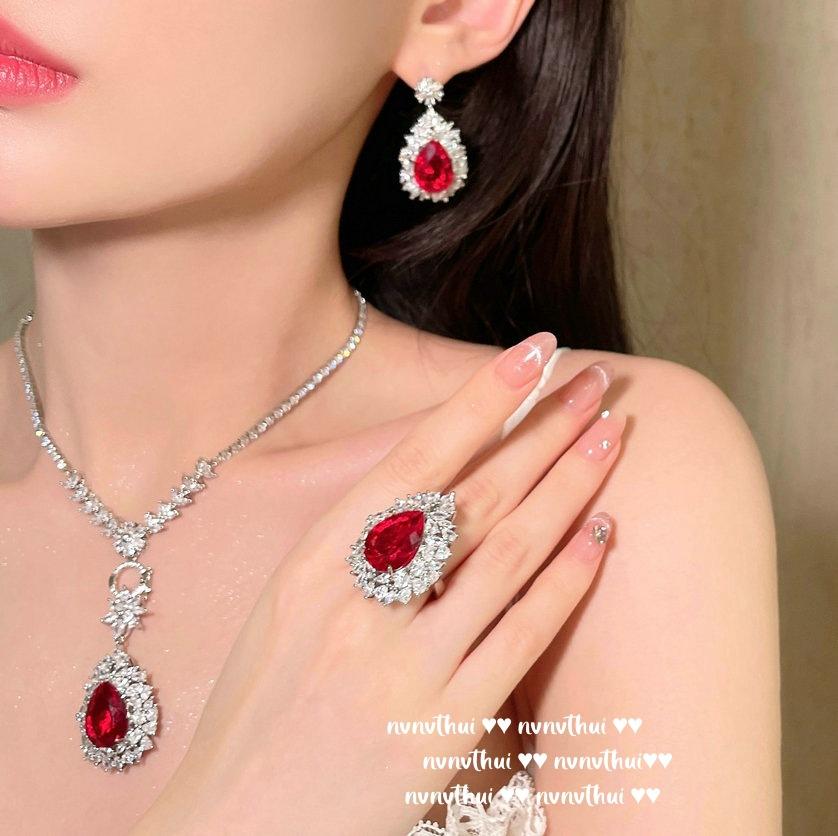 Gema Vermelha Sangue de Pombo de Mogok em Forma de Gota d'Água, Colar, Antigo, Banhado a Ouro 18K, Flor Magenta Zircônia para Senhora, Brincos
