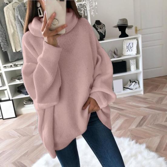Turtleneck Pile Collar Long Sleeve Thickened Warm Pullover Sweater Women Autumn Winter Solid