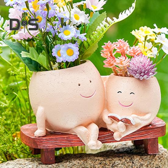Smile Face Planter Resin Reading Lady Head Girl Face Flower Pot Double Head Succulent Planter with Drainage Hole for Home Office Balcony
