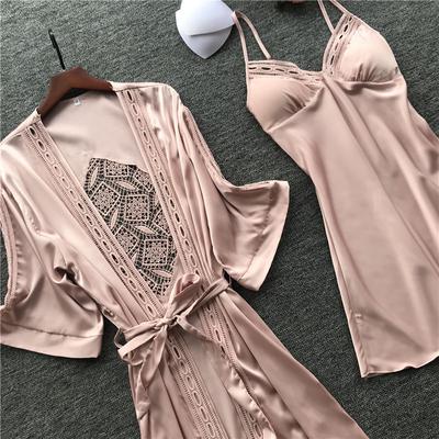MAITA Pijama sexy de tirantes para primavera, camisón de mujer con almohadilla para el pecho, pijama de manga larga de seda helada, traje de dos piezas, ropa de hogar