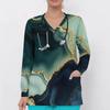 Women Plus Size Colorful Printed Nurse Scrub Top V Neck Long Sleeve With Front Pockets