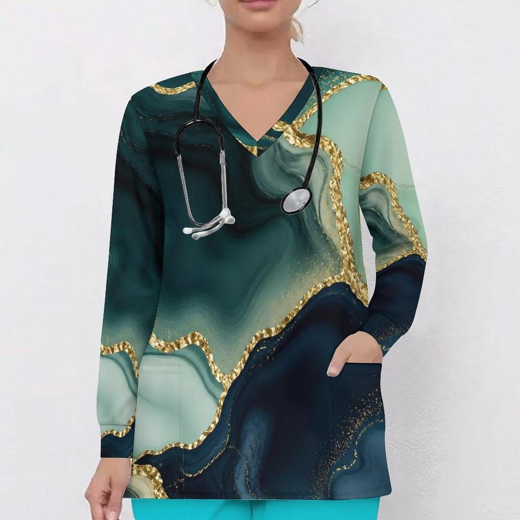 Women Plus Size Colorful Printed Nurse Scrub Top V Neck Long Sleeve With Front Pockets