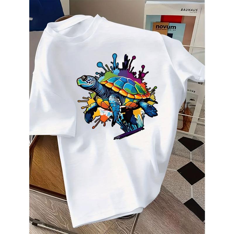 European sizes ' Short Sleeve T-Shirt with Sea Turtle & Splash Print - White ' Casual Summer Top, Breathable Round Neck Tee for Beach