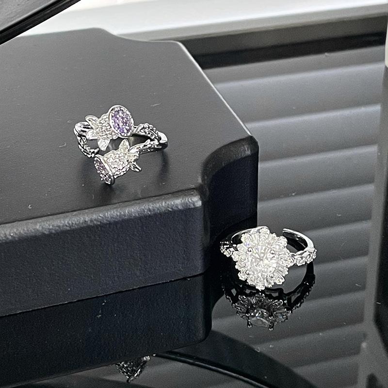 Flower Niche Design Cold Wind High Sense Diamond Set Purple Zircon Ring Women High Sense Open Ring