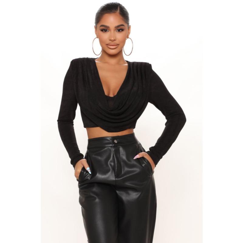 

Модные женские короткие блузки с воротником-стойкой, уличная одежда, новые облегающие повседневные рубашки с длинным рукавом, однотонные женские рубашки с запахом на груди, топы 2546 L чёрный