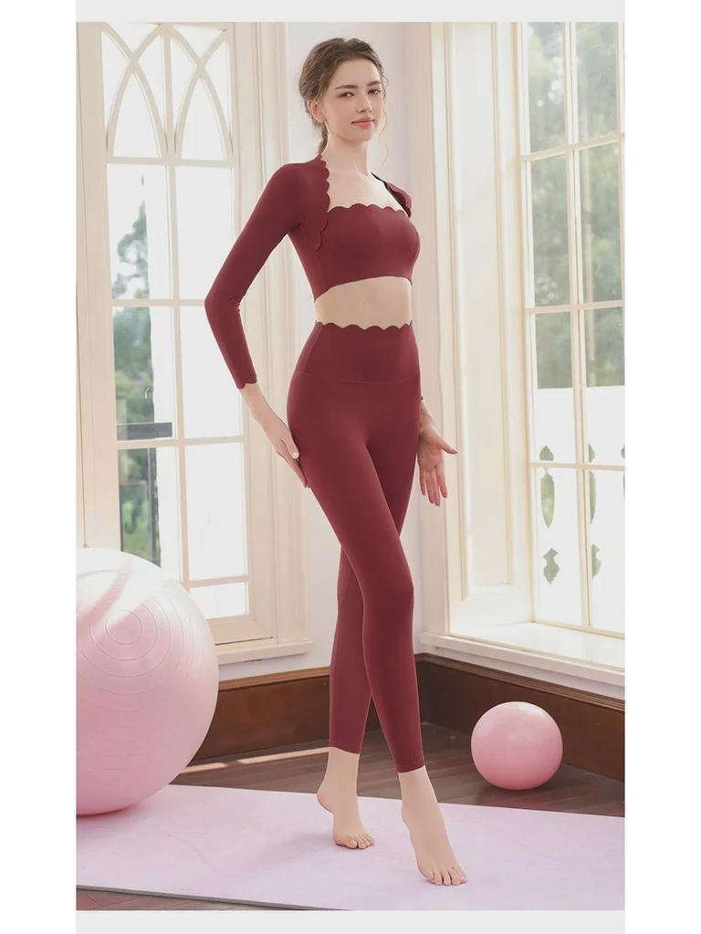Fato de Yoga Feminino de Alta Elasticidade e à Prova de Choque: Top de Renda de Manga Comprida & Calças de Cintura Alta com Efeito Levanta Bumbum