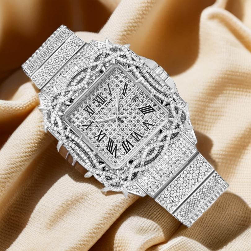 Y2k Watch For Men Fashion Luxury Gold Square Diamond Full Sky Star Male Clock Watches New Skeleton Flower Quartz Wristwatch