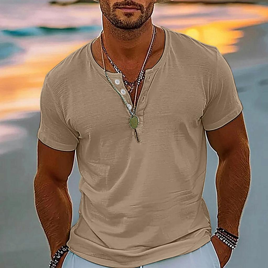 Vintage Summer Men's T-Shirt Streetwear 3 Buttons Open Fly Loose Clothing Print Short Sleeve T-Shirt