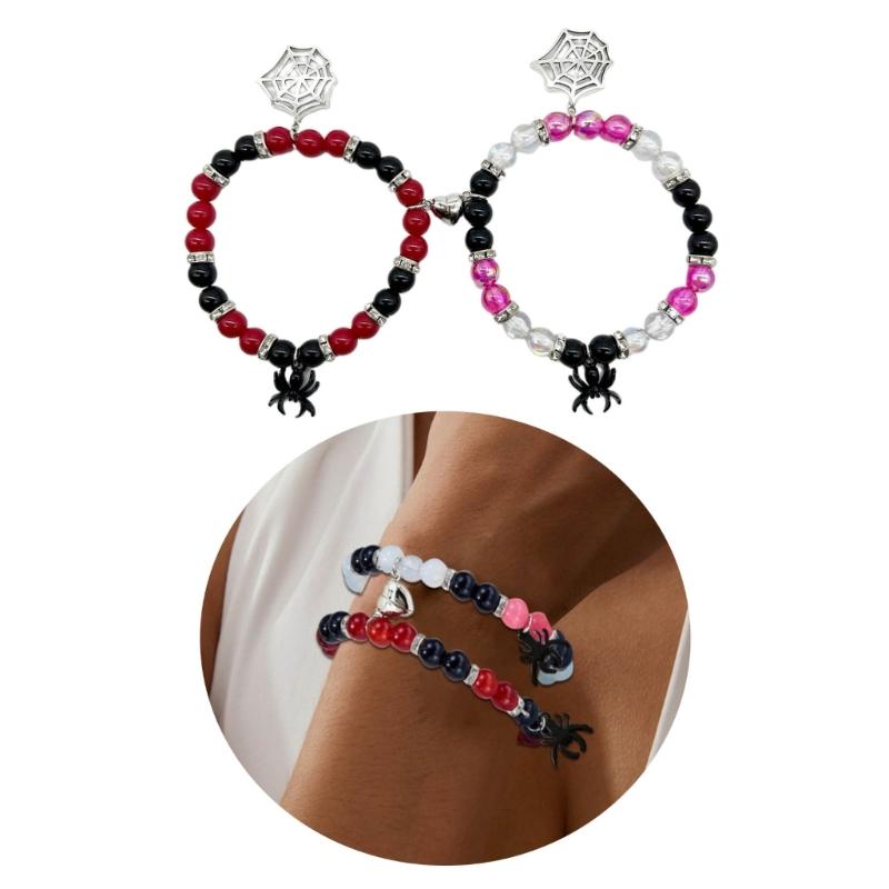 2pcs Halloween Spiders Couple Bracelets for Women Men Magnetic Heart Matching Bangles Festive Party Aesthetic Jewelry