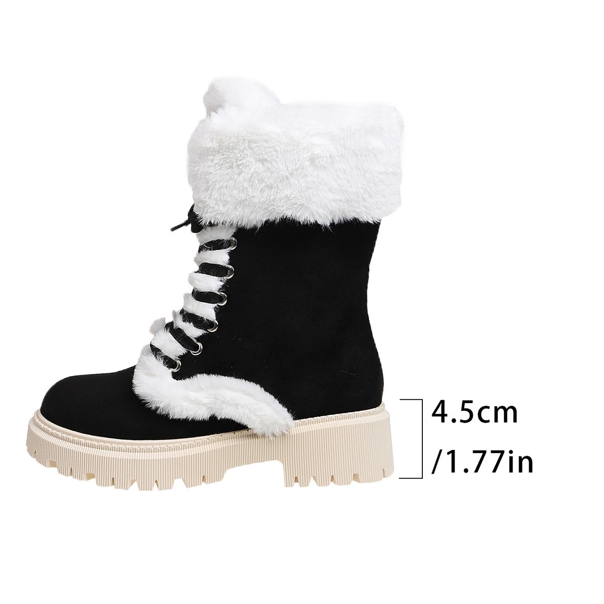 

Winter Cotton Boots Fashion Round Toe Flip Plush Lace-Up Platform Non-Slip Block Heel Booties 43