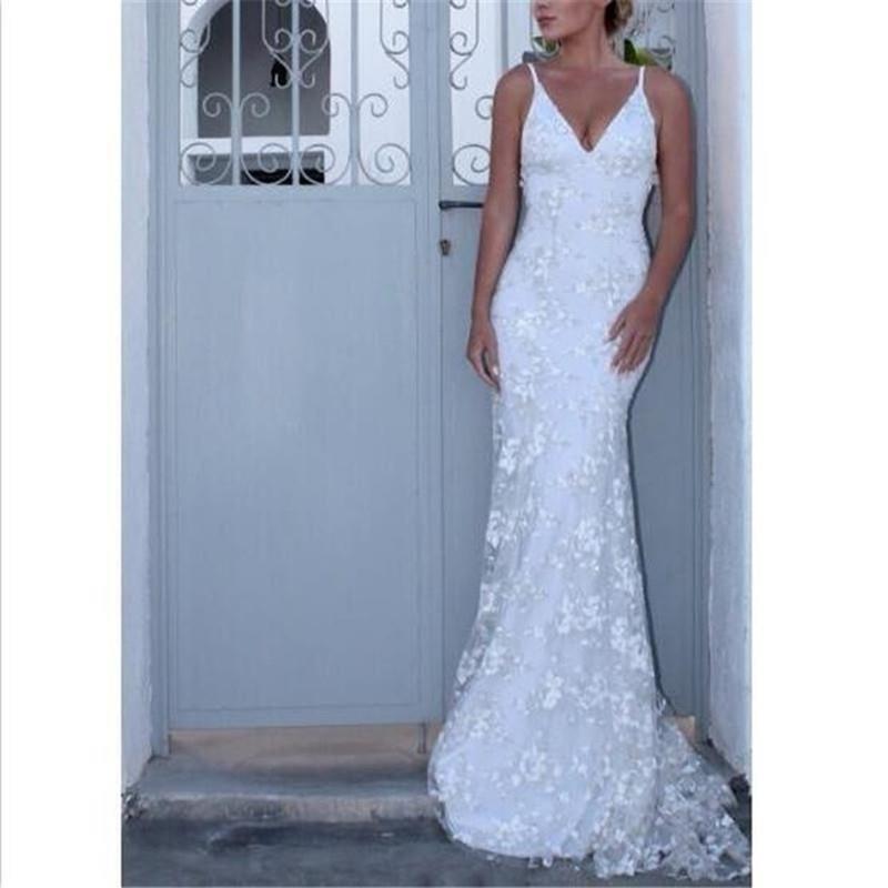 Summer Bridal Wedding Dress Deep V-neck Sleeveless Backless Bandage Sling Lace Dresses
