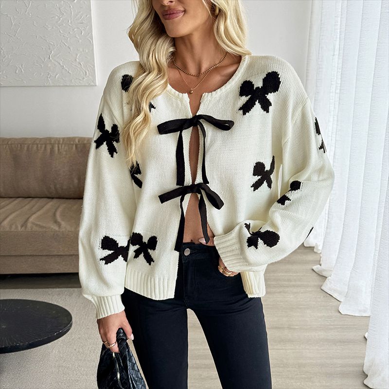 Autumn Women Sweater Ladies Tops Lace-up Bow Pattern Women's Sweater Cardigan Top