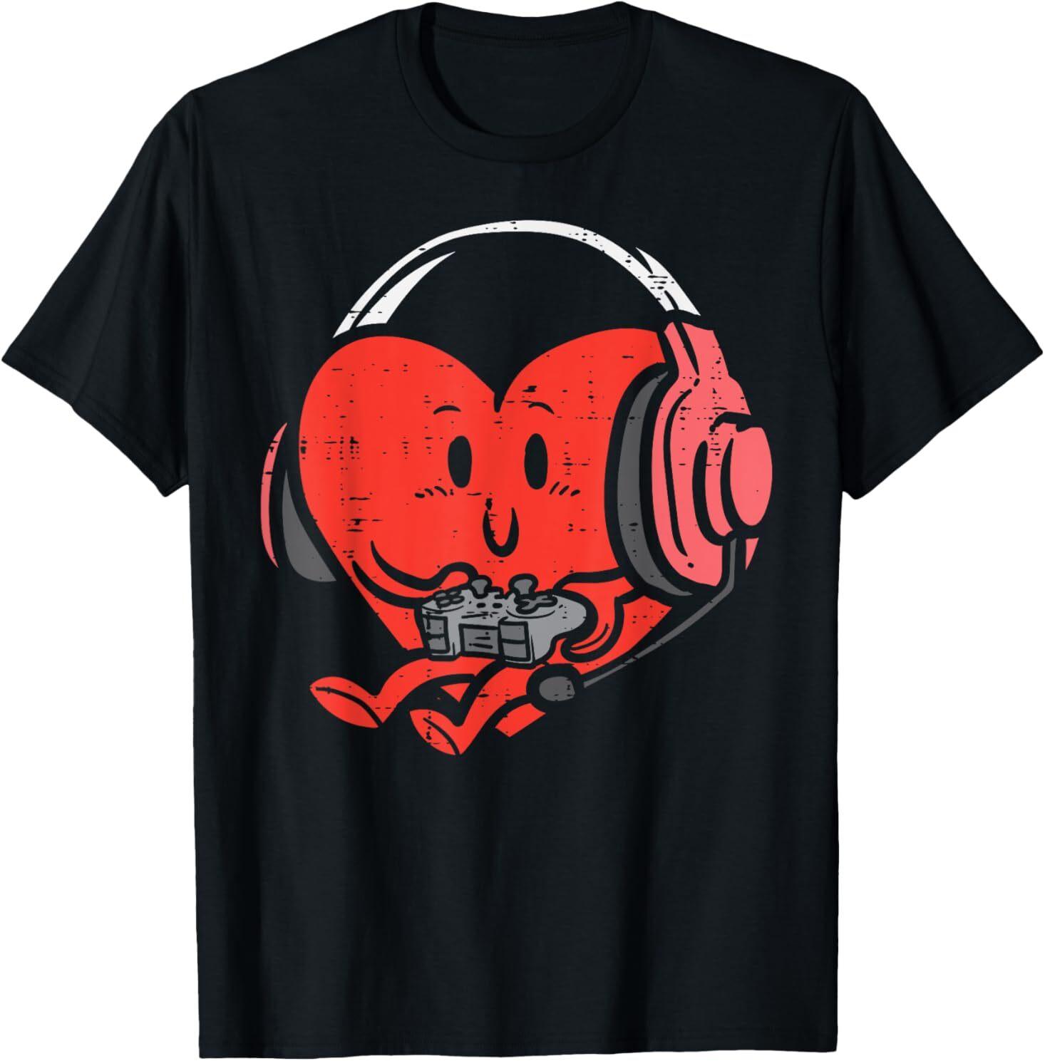 Valentines Day Heart Gamer Gaming Men Boys Youth Teen T-Shirt Mens Womens Tees Top L