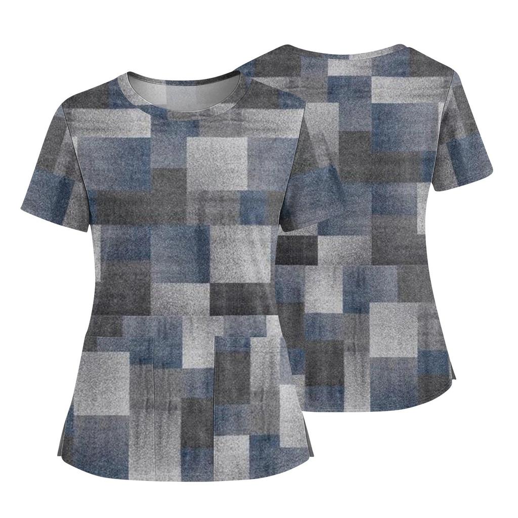 Women's Fashionable Printed Round Neck Pocket Short Sleeved Shirt With Slit Hem Uniform And Worker's Top