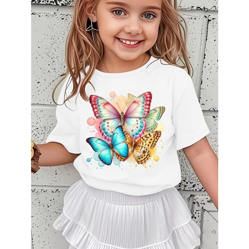 Girls Butterfly Print Trendy Casual T-Shirt 110 белый