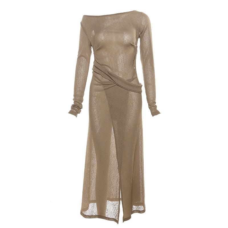 

Летнее платье женское облегающее однотонное уличное модное платье с косым вырезом и длинными рукавами L коричневый