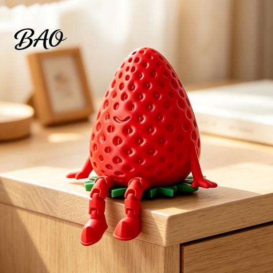Desktop Organizer for Small Items 3D Printed Articulated Strawberry Storage Box, Cute Figurine with Kawaii Room Decor Accessories Movable Limbs, Mini