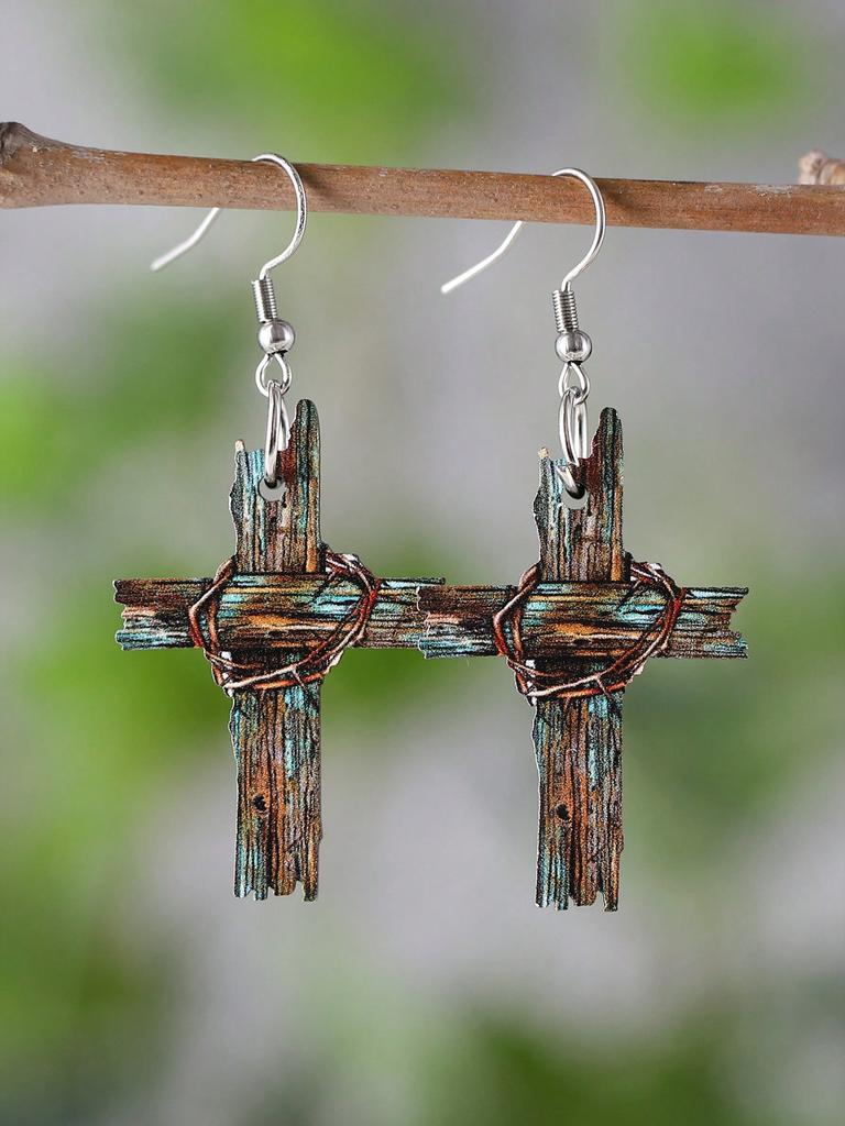 Fashionable Women's Flower Painting Cross Pendant Earrings with Wooden Hooks Hanging Earrings