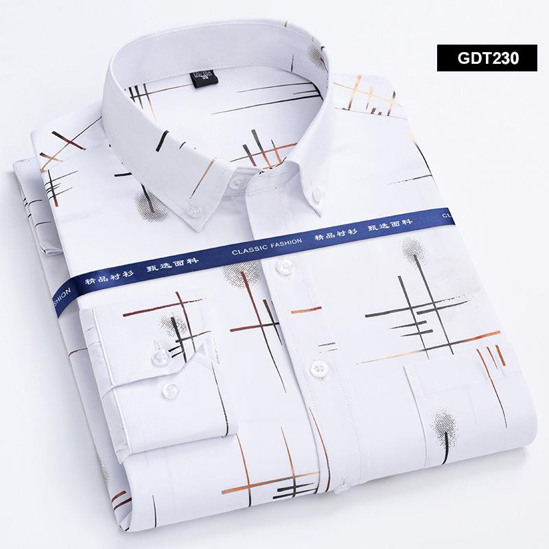 

New Long Sleeve Casual Shirts For Men Fashion Print Polyester Non-iron Breathable Luxury Plaid Shirts BusinessMan Clothing Soft 43