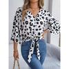 Spring Summer Casual Leopard Print Middle Sleeve Tie Bow Tops for Women Fashion Color Block V Neck Buttons Shirts White Red