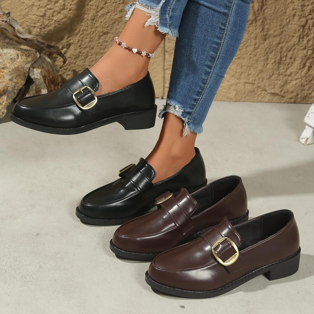 43 Plus Size Metal Buckle Small Leather Shoes Women's 2025 Autumn New Thick Heel Low Top
