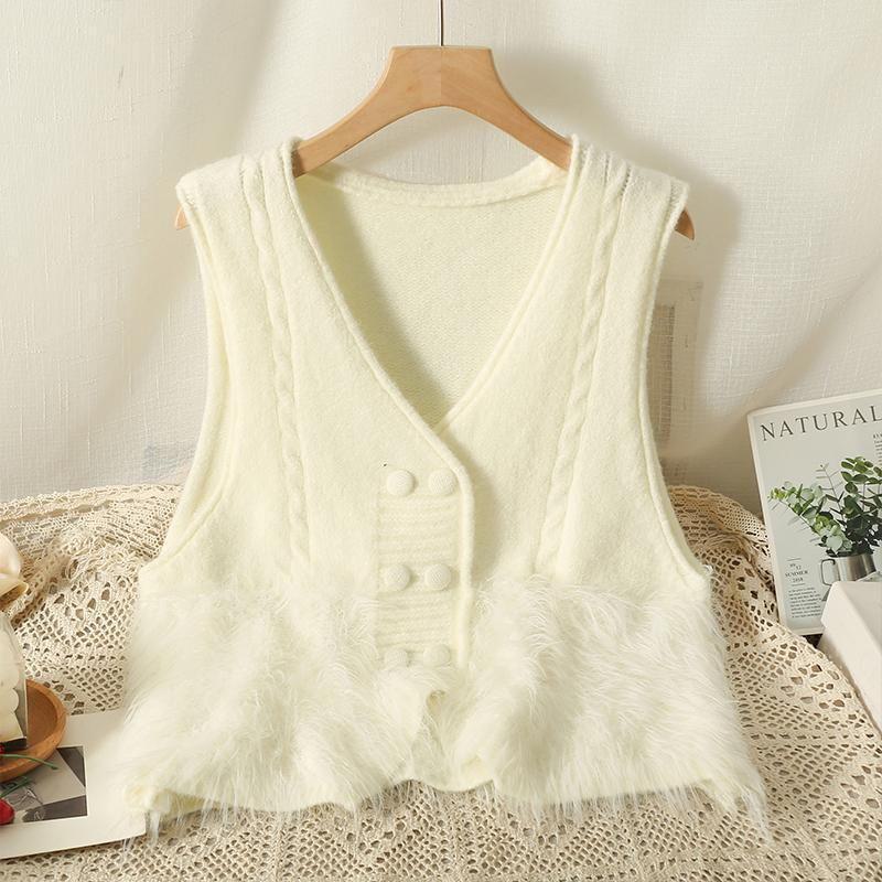 

Женский жилет-кардиган с V-образным вырезом, выполненный во французском стиле, с узким двубортным кардиганом под норку - стиль весна/осень One Size белый