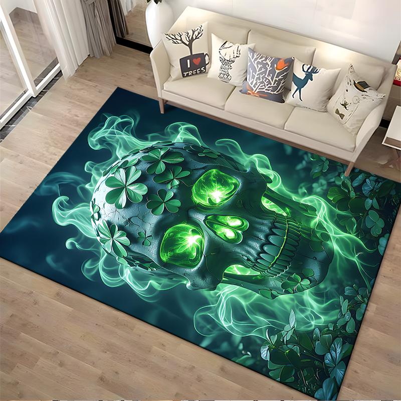 Glowing Green Skull Design with Clover Pattern on Dark Carpet Suitable for use as an anti-slip for living room bedroom sofas