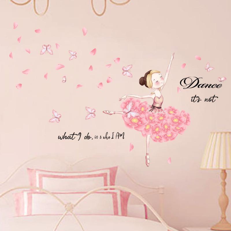 Dancing Girl Pink Butterfly Wall Sticker Living Room Decoration Wall Sticker Self Adhesive Wall Sticker