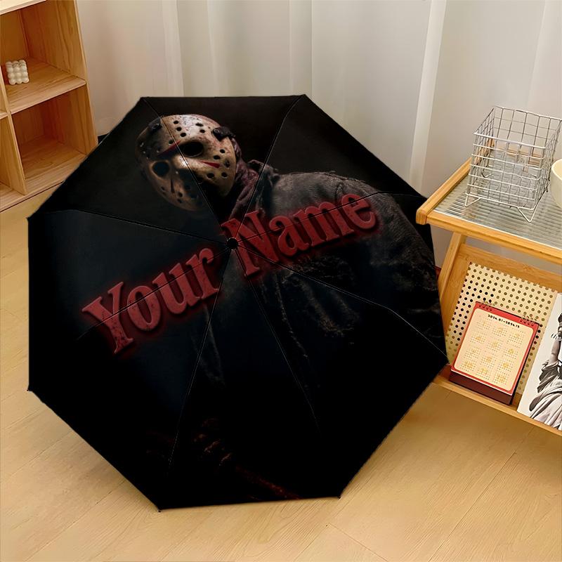 Custom Text Automatic 8 Bone Umbrella, Portable Sun Rain Protection UmbrellaFriday the 13th Jason Voorhees