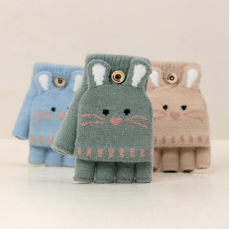 Flip Cover Dew Finger Primary School Student Thickened Warm Writing Cartoon Cute Girl Winter Middle School Child Cold Children Gloves Half Finger