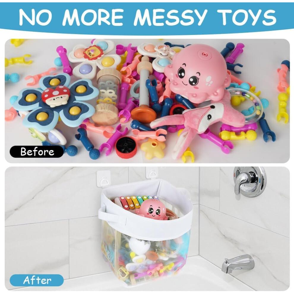 Bath Toy Storage Bag, Bath Toy Hanging Organiser Bag with 4 Hooks, Bath Toy Mesh Bag, Bath Toy Storage, Ideal for Bath Time White Large