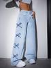 High-Waisted Butterfly Print Casual Jeans