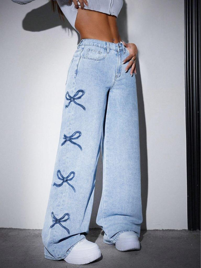 High-Waisted Butterfly Print Casual Jeans