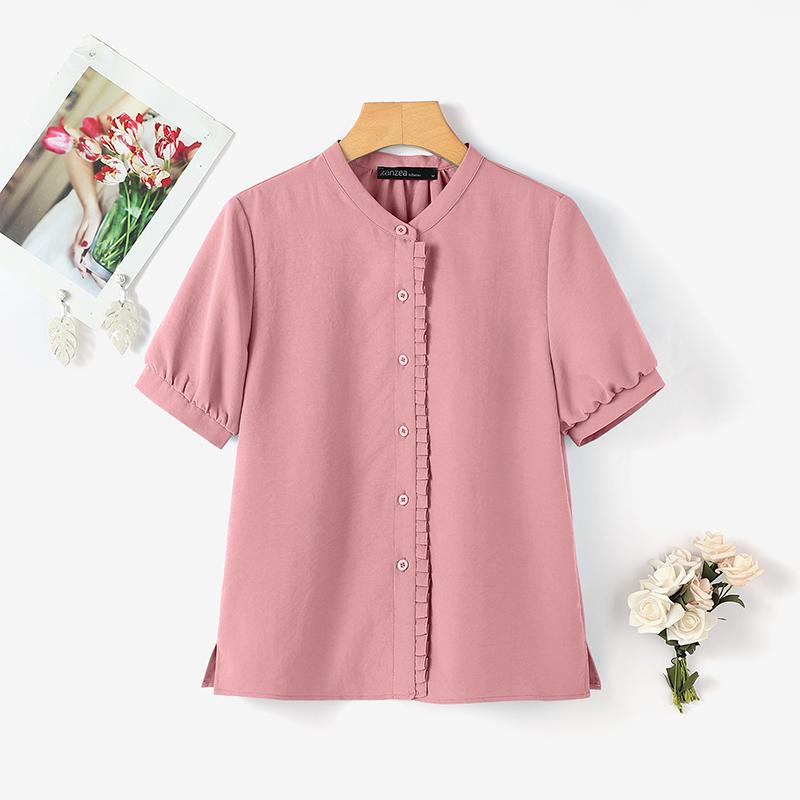 ZANZEA Damen Freizeit Rundhals Einfarbig Kurzarm Bluse