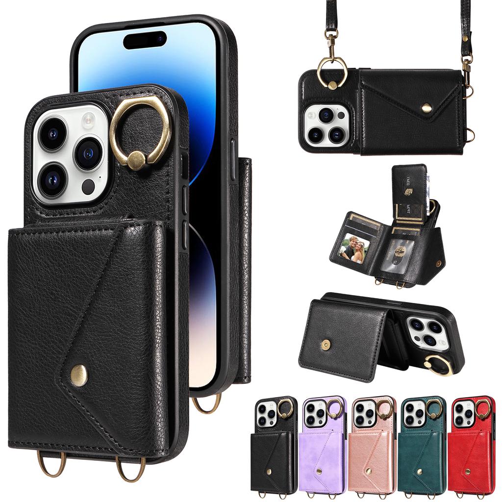 Para iPhone 16 Series.para iPhone 16,16 Plus,16 Pro,16 Pro Max Alça de Ombro Corda Anel Suporte Design Slots para Cartão Padrão Lichee Capa para Telefone