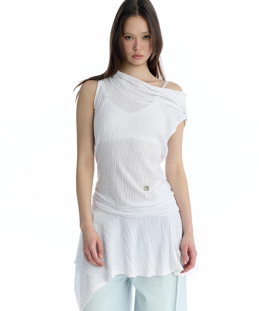 Teulimingbeodeu Crinkle Draped Hooded Sleeveless Dress [ White ]