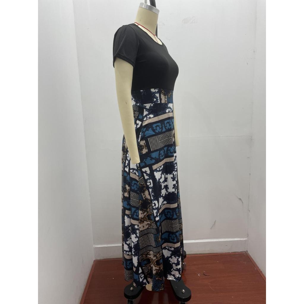 Floral Print Patchwork Short Sleeve Bohemian Dress Women Summer Dress O Neck Big Swing Long Dresses