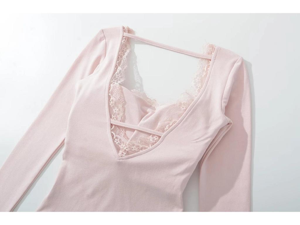 Women's Pure Desire Lace Trim Long Sleeve Slim Fit Top with Chest Pads - Ideal for Spring and Autumn