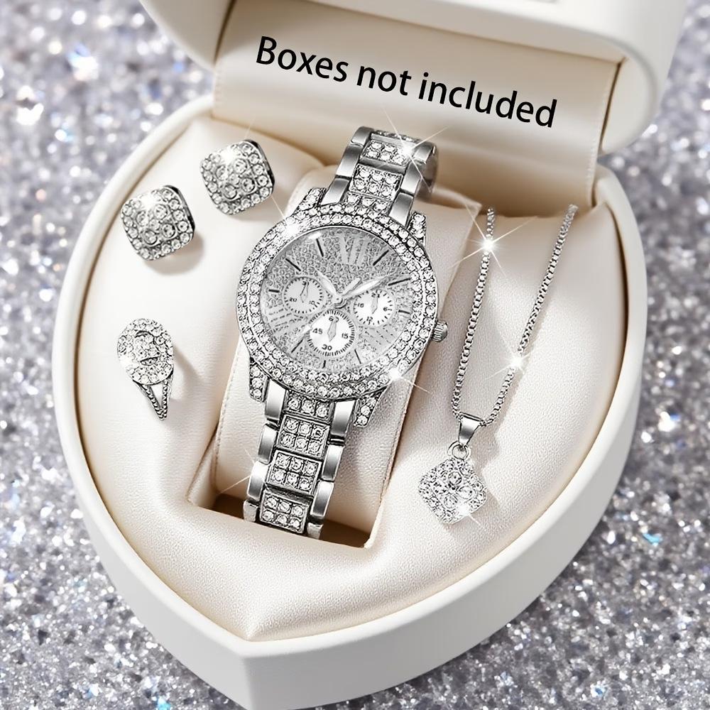 5Pcs Ladies Watch Set, Stylish Casual Ladies Quartz Watch And Necklace Ring Earrings Jewelry Set