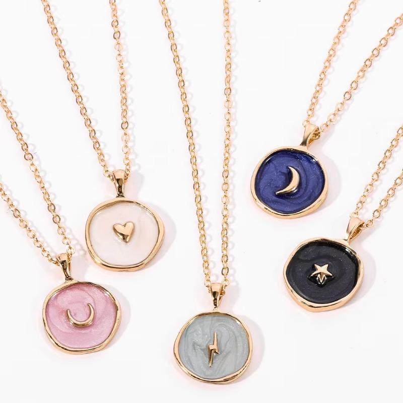Minimalist Colorful Moon Star Enamel Necklaces For Women Girls Heart Lightning Enamel Pendant Clavicle Chain Party Daily Jewelry